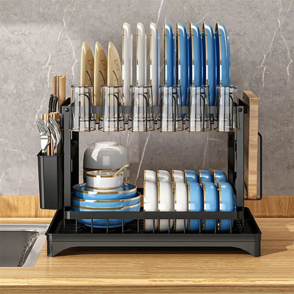 Suszarka do naczyń 2-poziomowa z ociekaczem i pojemnikiem na sztućce